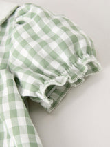 Three Little Tots Fall Halloween and Thanksgiving Pumpkin Applique Plaid Green Girls Dress, third additional photo