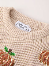 Three Little Tots Thanksgiving Pumpkin Sequin Sweater Beige Perfect for Fall, another angle