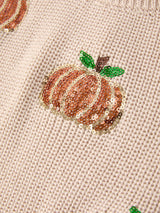 Three Little Tots Thanksgiving Pumpkin Sequin Sweater Beige Perfect for Fall, second additional photo