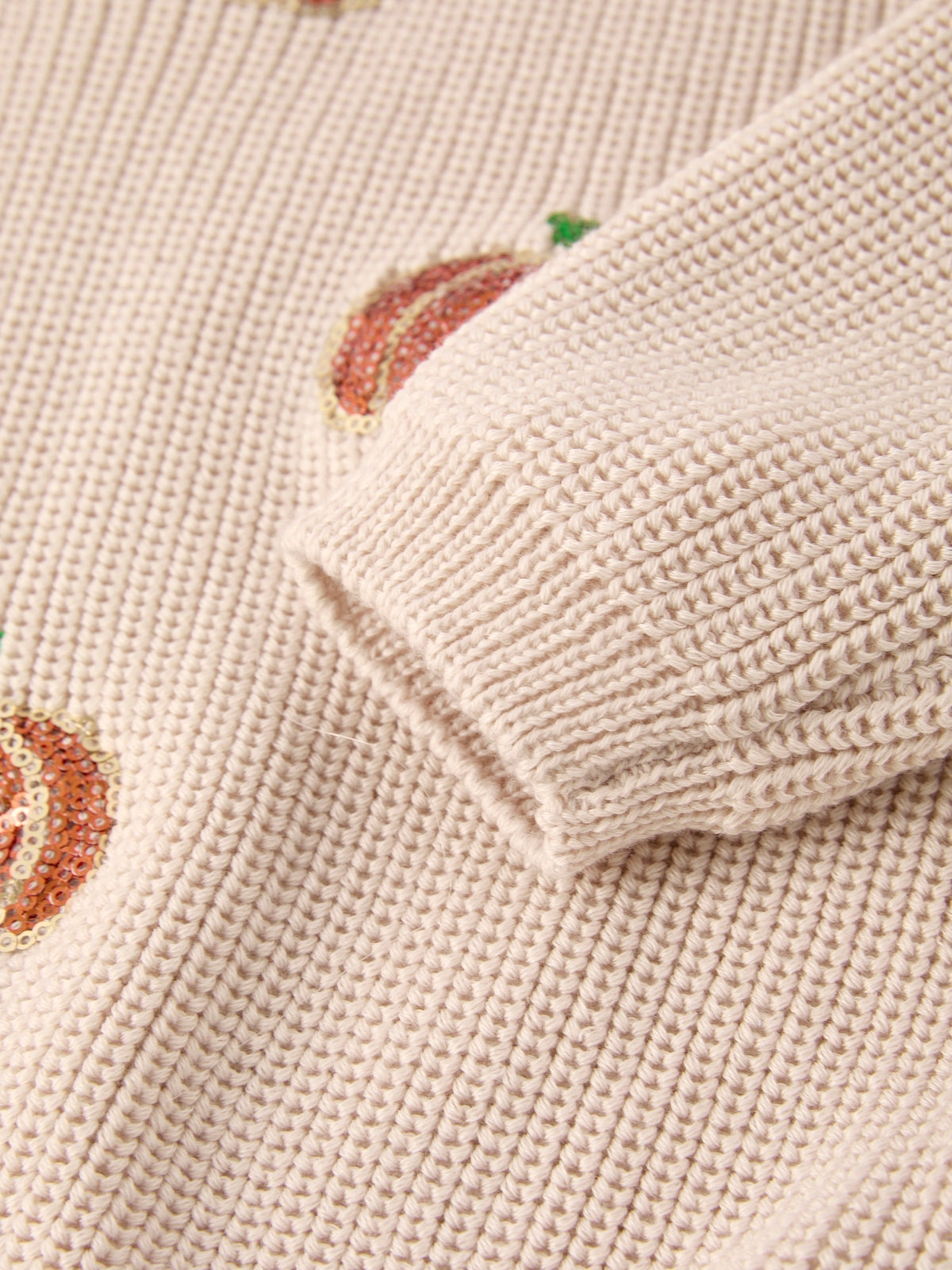 Three Little Tots Thanksgiving Pumpkin Sequin Sweater Beige Perfect for Fall, third additional photo
