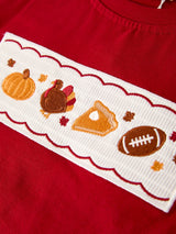 Fall Turkey Embroidered Boy Set – Orange Checkered with Thanksgiving Details