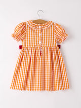 Fall Turkey Embroidered Dress for Girls – Orange Checkered with Thanksgiving Details