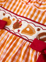 Fall Turkey Embroidered Dress for Girls – Orange Checkered with Thanksgiving Details