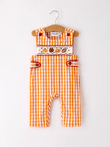 Fall Turkey Embroidered Romper for Baby Boys – Orange Checkered with Thanksgiving Details