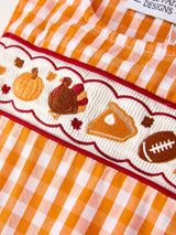 Fall Turkey Embroidered Romper for Baby Boys – Orange Checkered with Thanksgiving Details