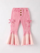 Three Little Tots Pink Bell Bottom Jeans Frayed Hem with Cargo Pockets