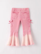 Three Little Tots Pink Bell Bottom Jeans Frayed Hem with Cargo Pockets, additional product photo