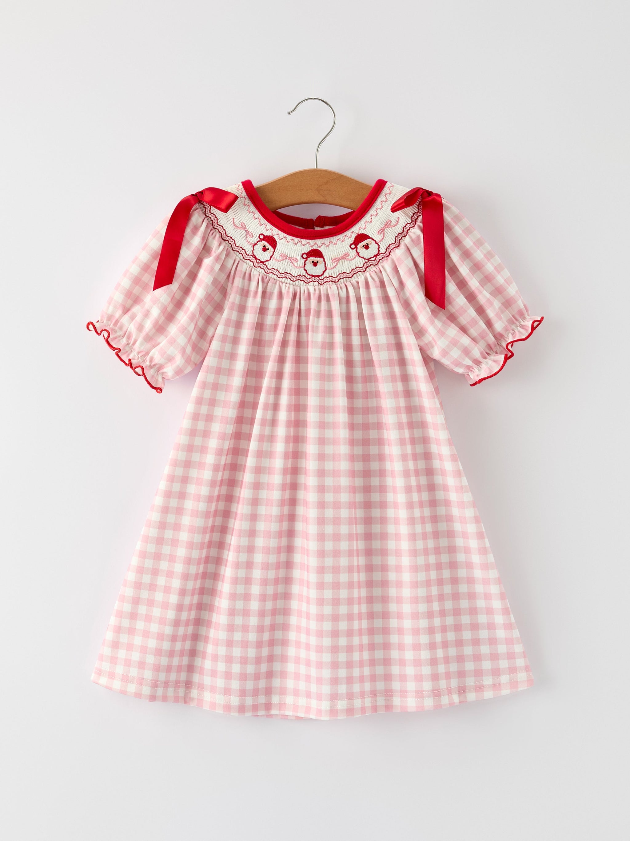 Pink Gingham Christmas Girls Dress: Santa Embroidery with Red Satin Ribbon