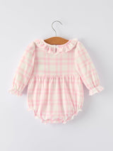 Fall Pink Plaid Ruffle Ballet Shoe Embroidery Long Sleeve Romper