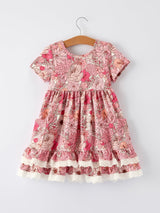Fall Sweet Floral Pattern Dress with Pockets and Ruffle Hem for Girls