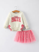 Three Little Tots Girls Fall Outfit Faith Letter Sweatshirt and Pink Tulle Skirt Set