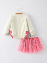 Three Little Tots Girls Fall Outfit Faith Letter Sweatshirt and Pink Tulle Skirt Set, additional product photo