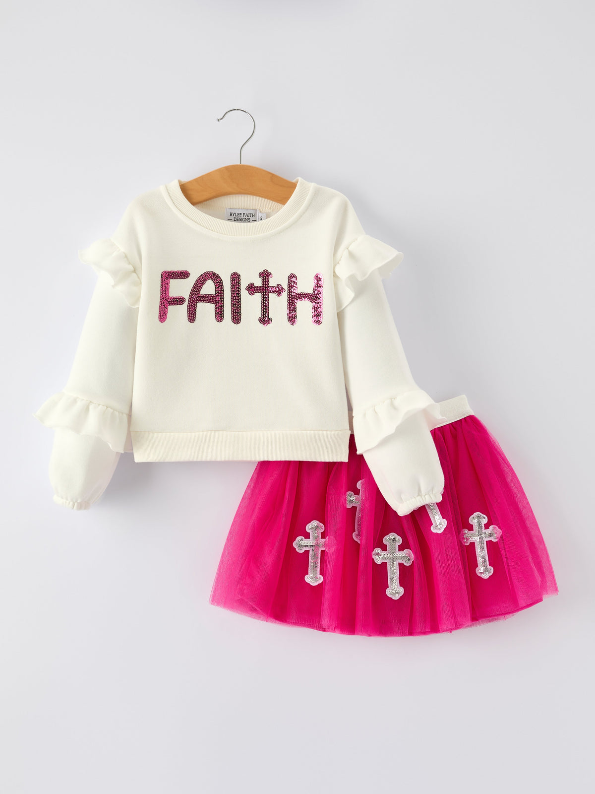 Three Little Tots Girls Christian Outfit Long Sleeve Faith Top and Pink Cross Mesh Skirt
