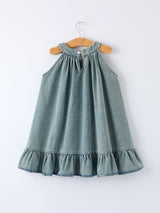 Three Little Tots Girls Denim Ruffle Trim A-Line Dress, fourth additional photo