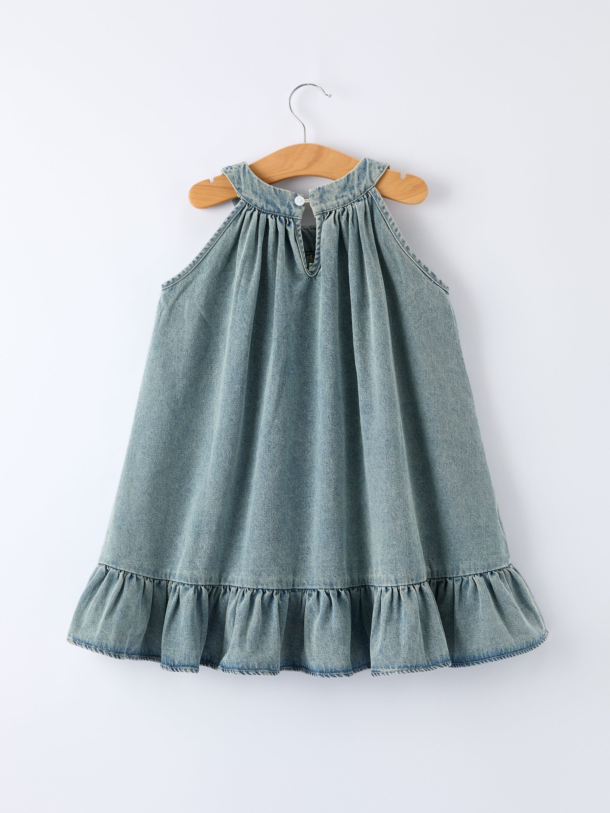 Three Little Tots Girls Denim Ruffle Trim A-Line Dress, fourth additional photo