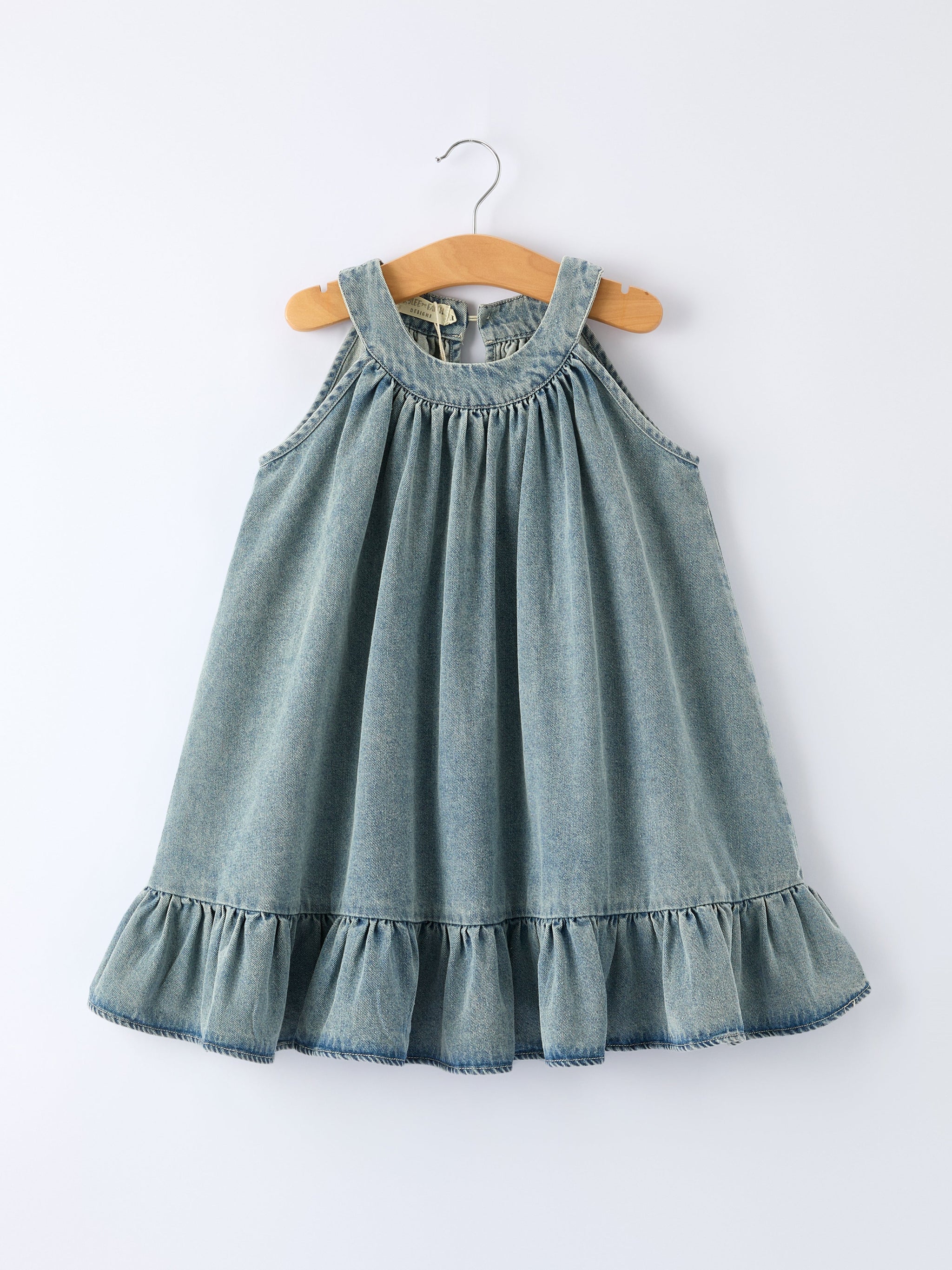 Three Little Tots Girls Denim Ruffle Trim A-Line Dress, third additional photo