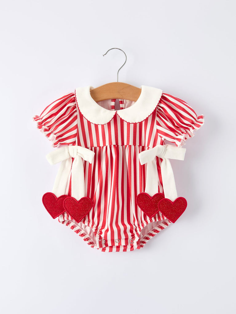 Valentine's Red Stripe Heart Bubble Romper for Baby Girls