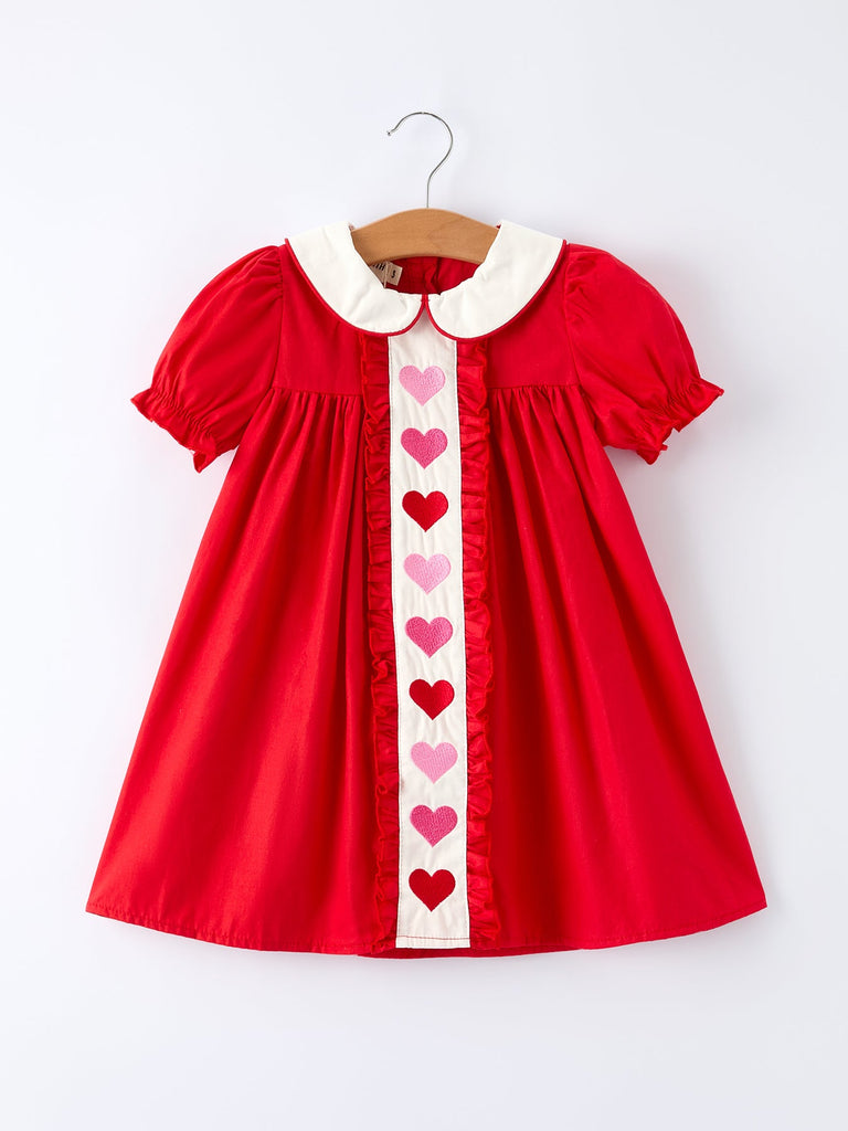 Red Ruffle Heart Embroidered Girls Dress - Valentine Style