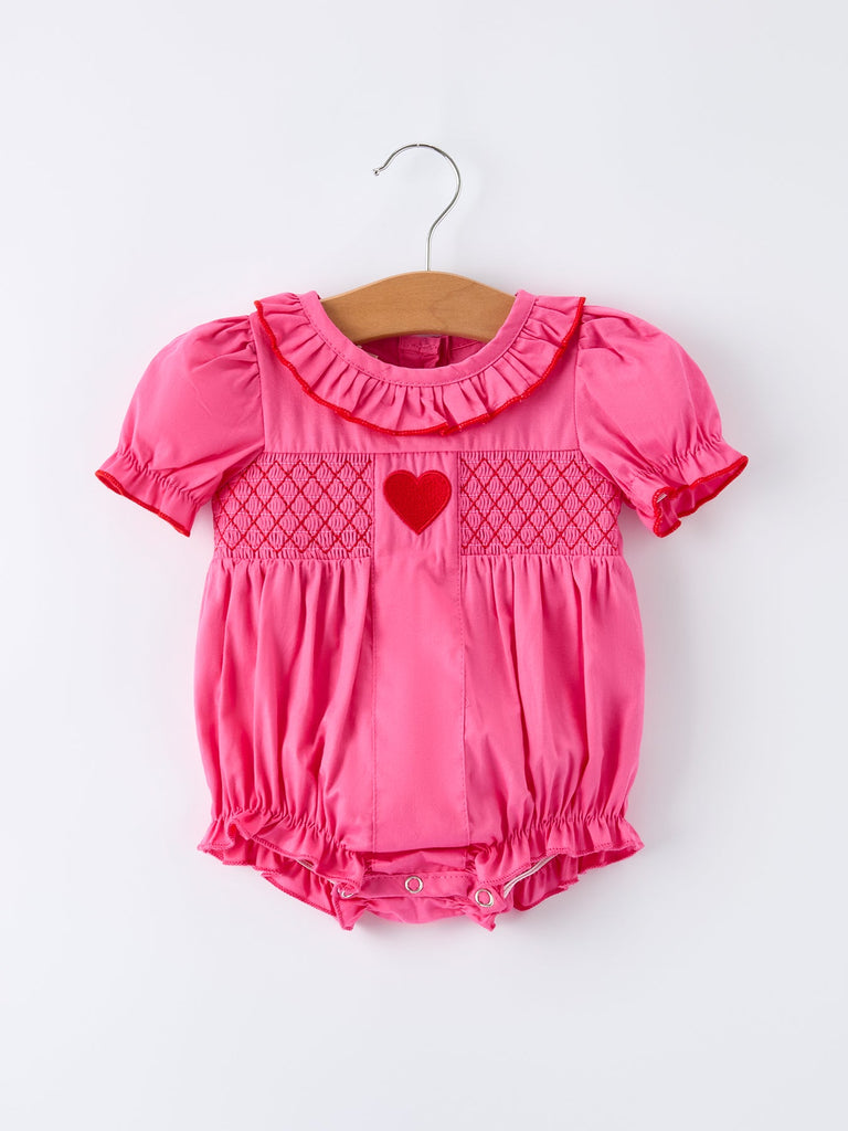 Valentine's Day Hot Pink Ruffle Collar Baby Romper Heart Applique