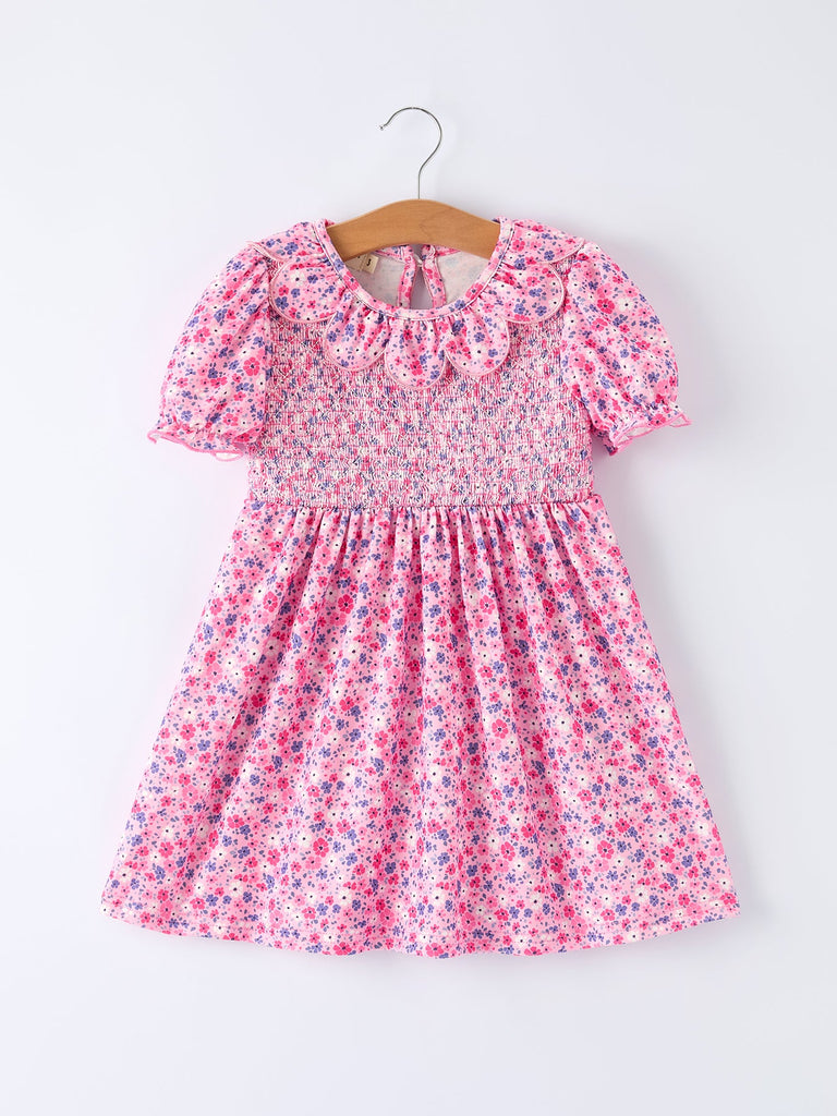 Girls Valentine's Day Floral Ruffle Smocking Dress