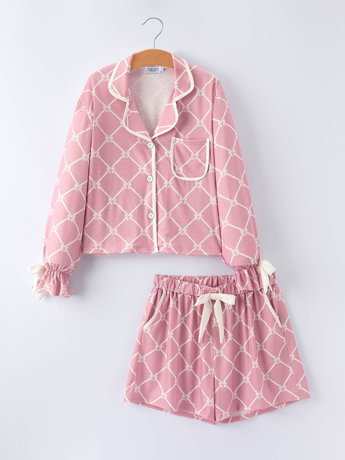 Three Little Tots Mommy and me Autumn Check Bow Girls Lapel Pajamas, fifth additional photo
