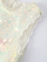 Iridescent Sequin Bow Ruffle Tulle Girls Dress