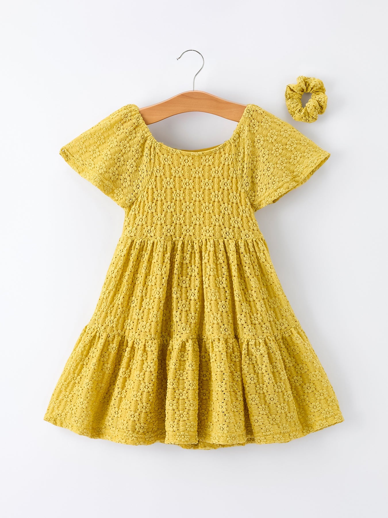 Sunshine Yellow Lace Tiered Dress With Scrunchie