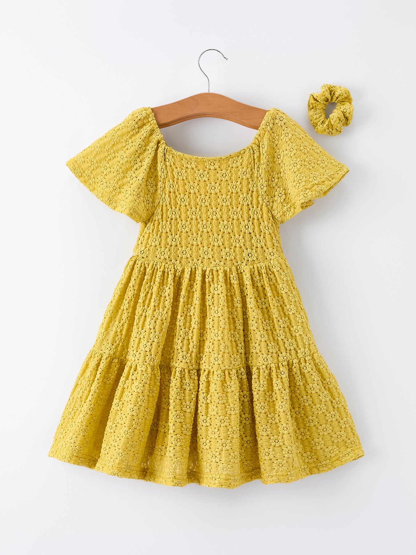 Sunshine Yellow Lace Tiered Dress With Scrunchie