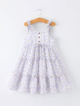 Spring Floral Girls Ruffle Bow Spaghetti Strap Dress