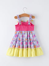 Summer Floral Girls Bow Ruffle Smocked Dress