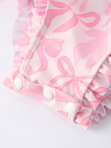 Summer Bow Print Girls Long Sleeve Ruffle One Piece Swimsuit