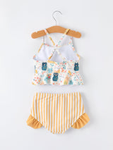 Summer Cat Print Girls Two Piece Swimsuit