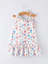 4th of july Bow Print Girls Dress One Shoulder Ruffle