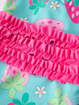 Summer Strawberry Print Girl Long Sleeve Ruffle One Piece Swimsuit