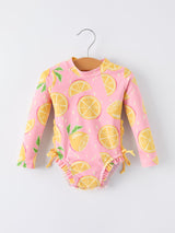 Summer Lemon Print Girl Long Sleeve Ruffle One Piece Swimsuit
