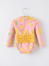 Summer Lemon Print Girl Long Sleeve Ruffle One Piece Swimsuit
