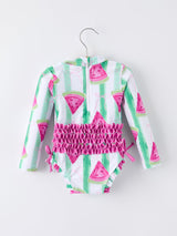 Summer Watermelon Print Girl Long Sleeve Ruffle One Piece Swimsuit