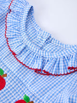 Back To School Apple Plaid Girls Dress Smocked Puff Sleeve Bow