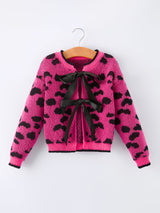 Fall Leopard Bow Girls Knit Cardigan