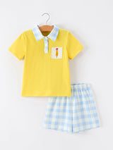 Boys Back To School Pencil Plaid Polo Short Set Embroidery