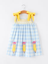 Girls Back To School Pencil Plaid Dress Bow Applique Smocked