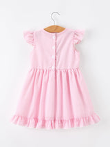 Girls Back To School Bow Twirl Dress Ruffle Applique Pink