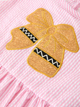 Girls Back To School Bow Twirl Dress Ruffle Applique Pink