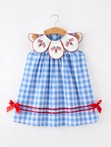 Girls 4th of July Plaid Twirl Dress Bow Embroidery Petals Collar