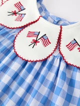 Girls 4th of July Plaid Twirl Dress Bow Embroidery Petals Collar