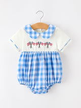 Boys 4th of July Plaid Romper Embroidery Petals Collar