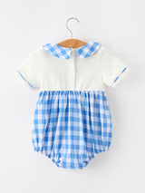 Boys 4th of July Plaid Romper Embroidery Petals Collar