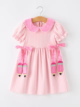 Girls Back To School Pink Plaid Petals Collar Pencil Applique Dress