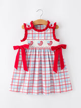 4th of July Plaid Flag Heart Girl Dress With Bow