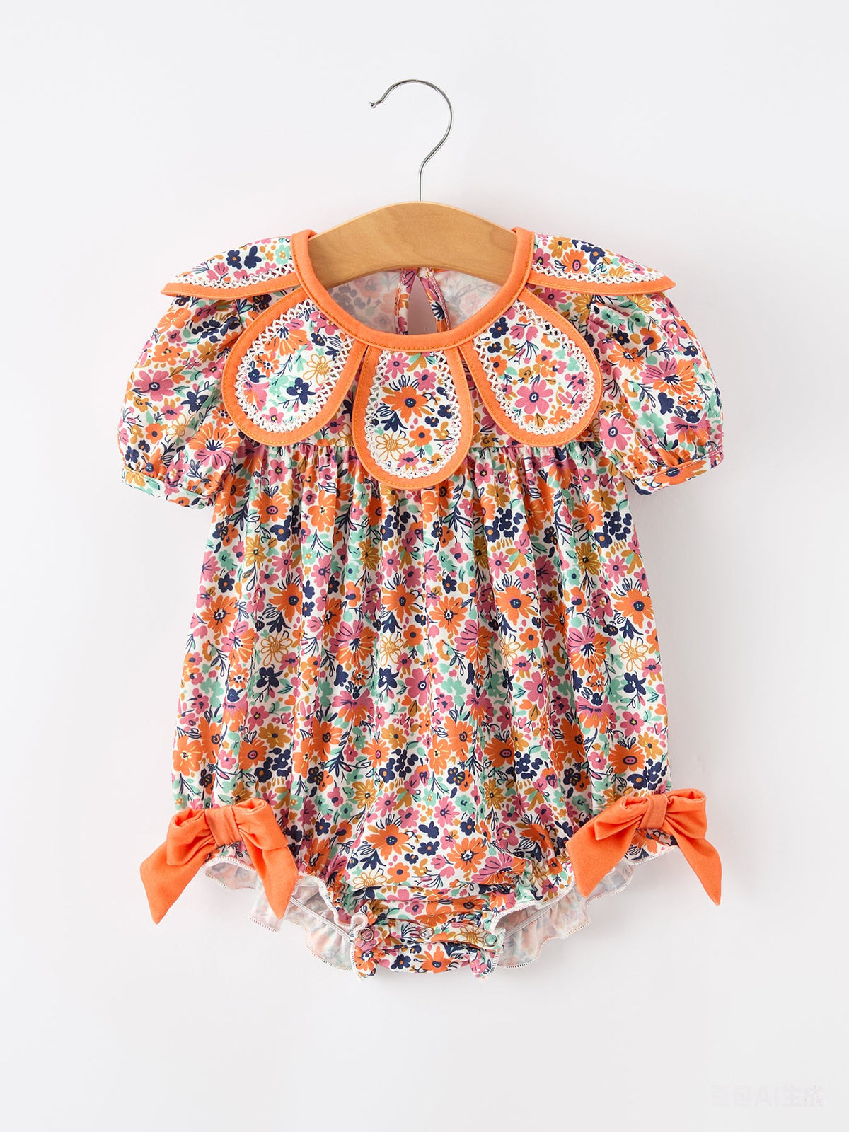 Three Little Tots Orange Floral Bow Petals Collar Girls Romper